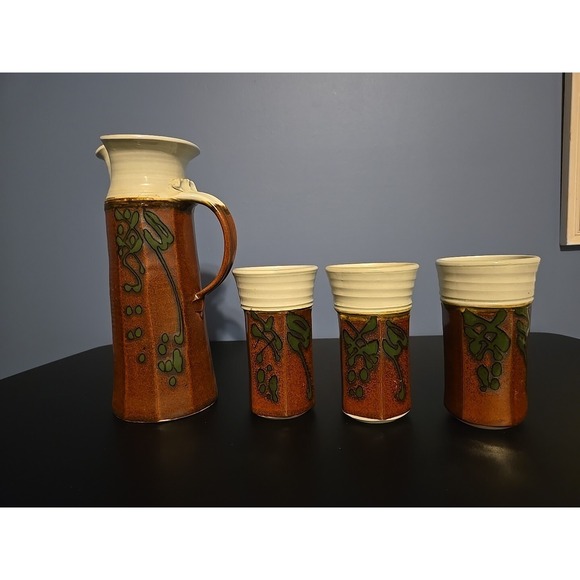 Vtg Asian Style Pottery Pitcher And 3 Cups Set Signed BHP Big Heart Pottery
